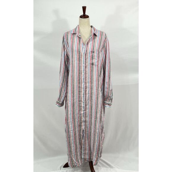 FRANK & EILEEN Sz XL Rory Pink Green Stripe Maxi Linen Shirt Dress - Picture 9 of 12
